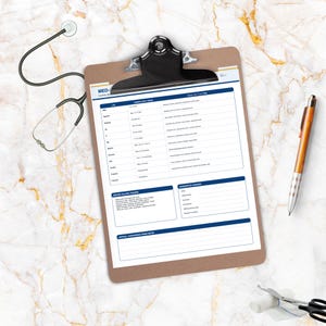 May include: A brown clipboard with a medical form, a stethoscope, and a pen. The form has blue and white text. The pen is brown and silver. The stethoscope is black and silver. The background is a marble pattern.