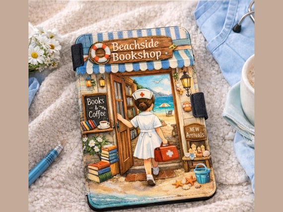 Beachside Bookshop Nurse Illustration Kindle Case | Beach Books Coffee Design