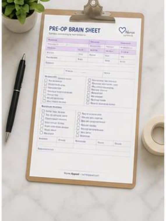 Pre Op Nurse Brain Sheet Printable | Preoperative Report Sheet | Nursing Organizer | Patient Prep Template | PDF Download