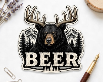 Deer Bear Beer Funny Sticker Pun Camping Vinyl Decal Cabin Gift Water Bottle Laptop