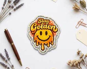 Retro Smiley Face Sticker – Funny Stay Golden Positive Quotes Waterproof Vinyl Decal