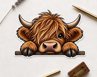 Highland Cow Sticker, Cute fluffy cattle Decal, farm animal gift for laptop, water bottle, farmhouse lover