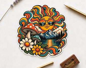 Retro mushroom sticker, Sun Boho Nature Decal, Hippie outdoor Adventure gift for water bottle, laptop