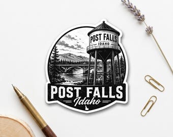 Vintage Post Falls Idaho Stickers – Water Tower Adventure River Bridge Travel Decal