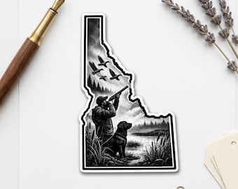 Idaho Hunting Sticker – Funny Dog And Ducks Flying Labrador Outdoors Vinyl Decal