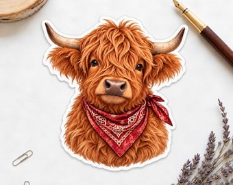 Highland Cow Sticker, Cute Cow Decal, Western Farm Animal Sticker, Red Bandana Cow