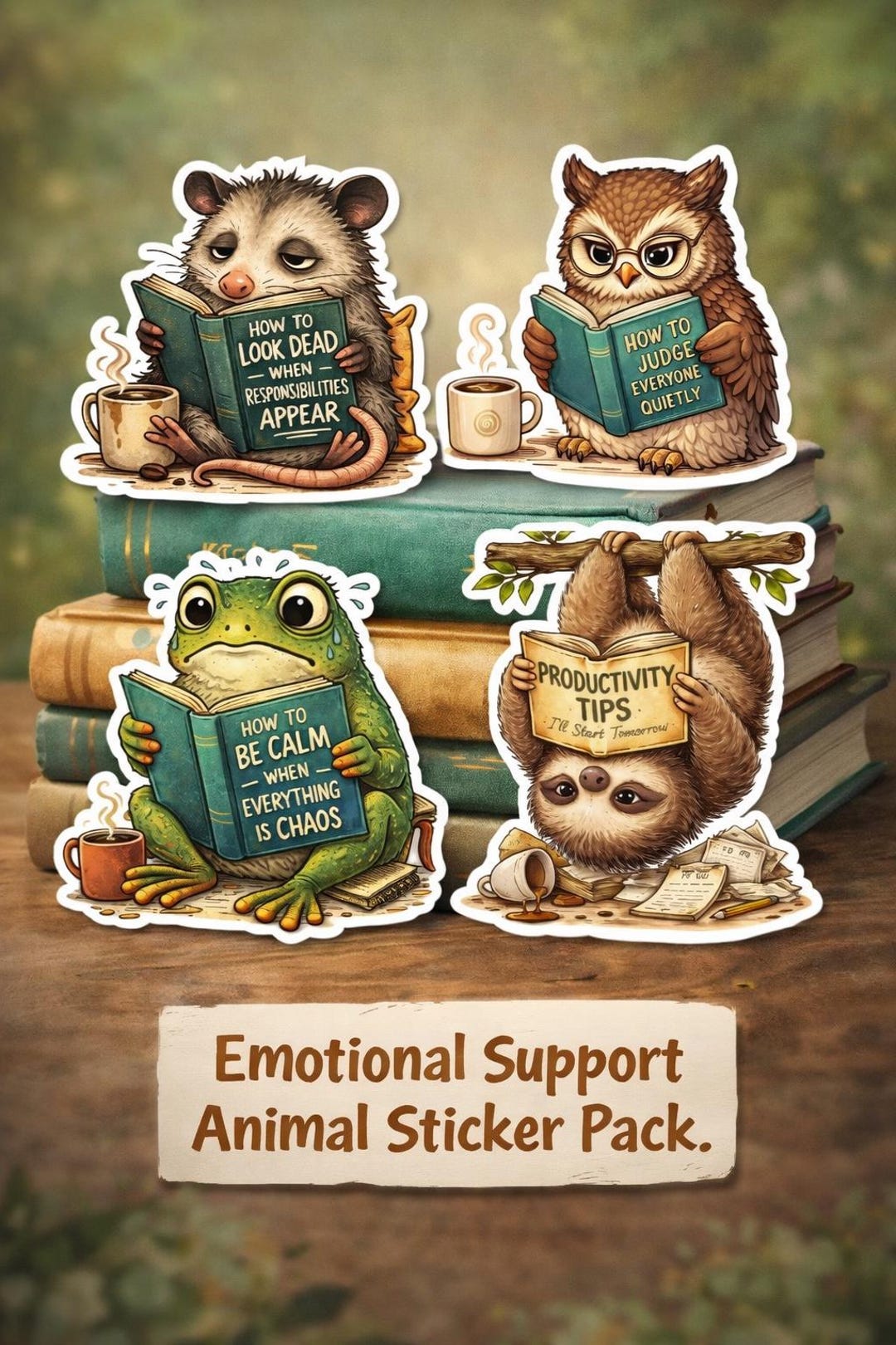 Emotional Support Animal Sticker Pack: Frog, Owl, Sloth, Possum Designs ...