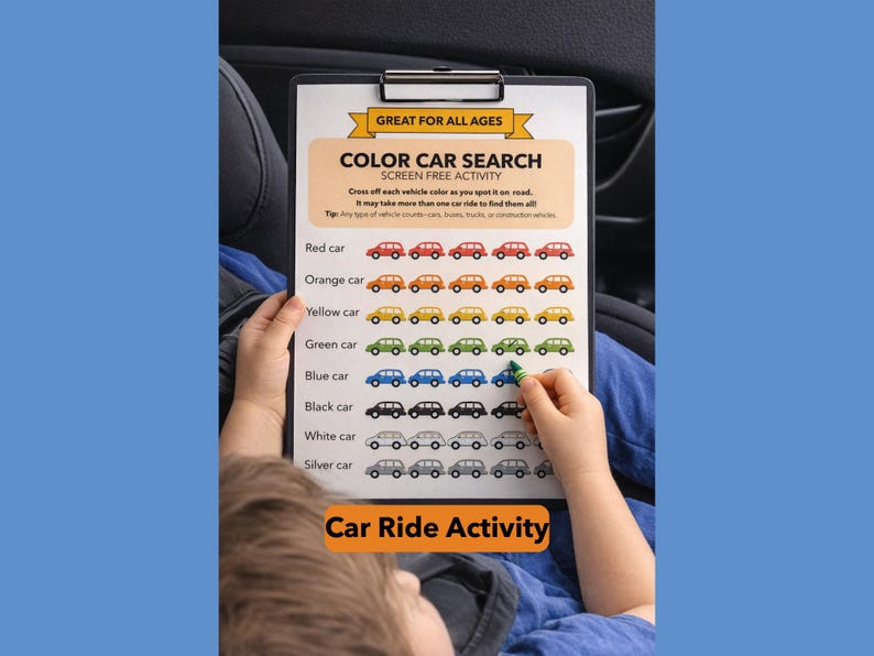 Car Ride Activity for Kids Printable, Car Color Search Game, Screen
