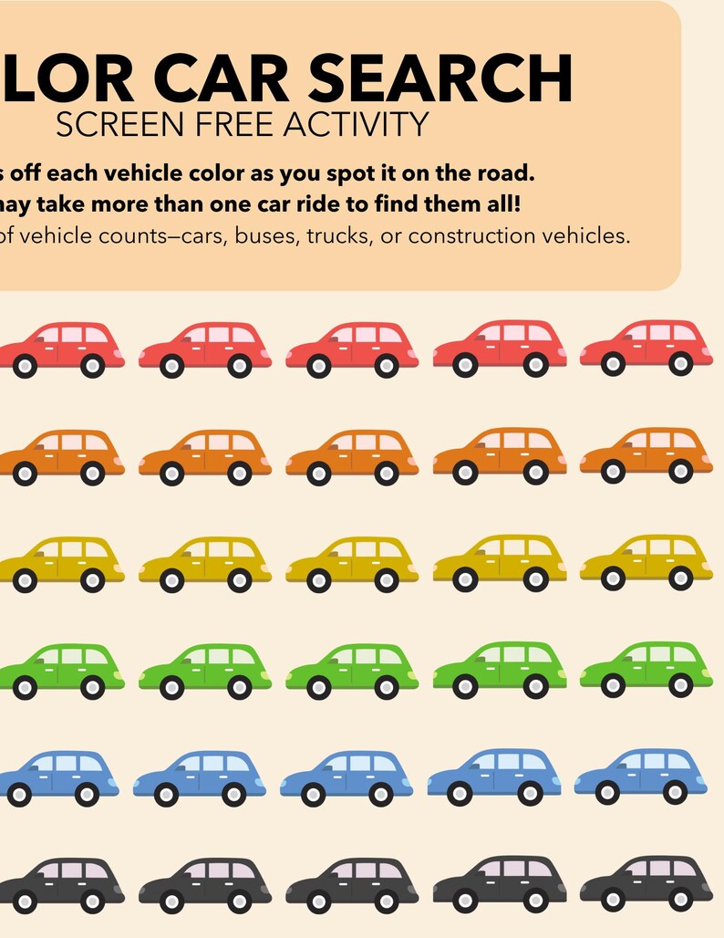 Car Color Search Printable for Kids, Road Trip Activity, Travel Game ...
