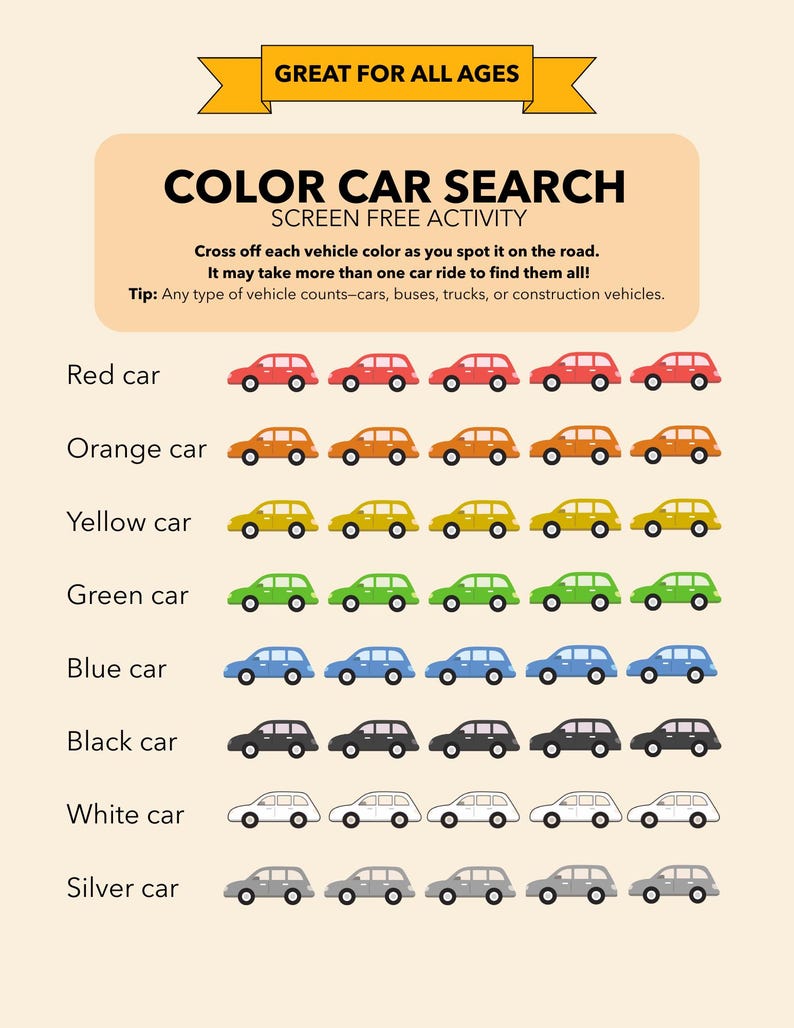 Car Color Search Printable for Kids, Road Trip Activity, Travel Game ...