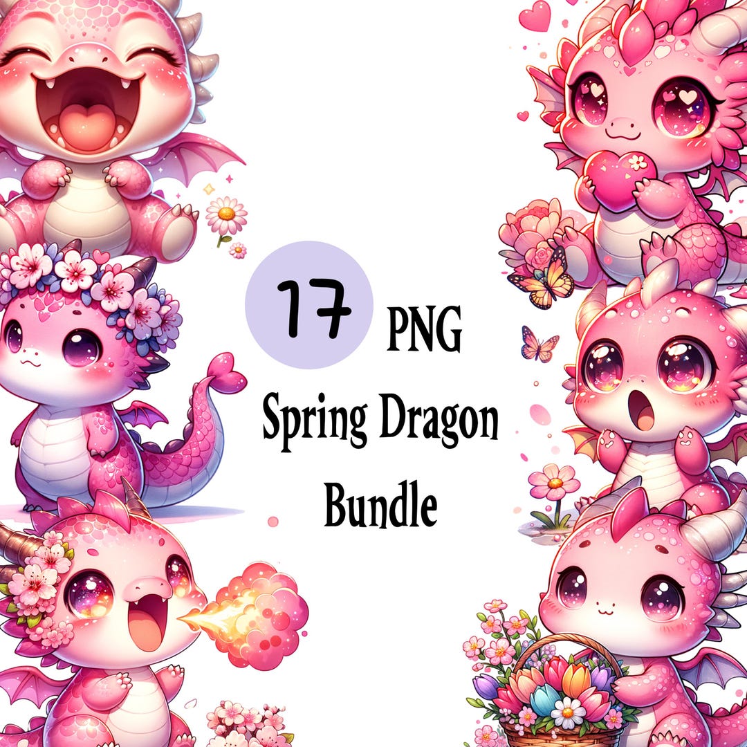 Kawaii Pink Spring Dragon Clipart Bundle | 17 PNG Files (digital ...