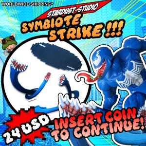 May include: A blue Venom action figure with white spider-web detailing, a red tongue, and a menacing expression. The image includes the text "SYMBIOTE STRIKE!!!" and "INSERT COIN TO CONTINUE!"