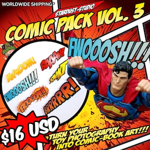 Könnte beinhalten: Comic Pack Vol. 3 mit Comic-Soundeffekten. Das Bild zeigt eine Superman-Actionfigur mit den Worten "FWOOOSH!!!" und anderen Comic-Soundeffekten. Der Text "Verwandeln Sie Ihre Spielzeugfotografie in Comic-Kunst!!!" ist ebenfalls sichtbar.