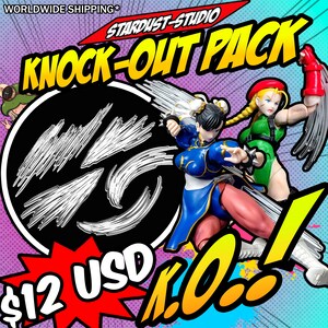 Może przedstawiać: Pakiet "Knock-Out" z dwiema figurkami w pozach bojowych. Jedna figurka ma niebieski strój, druga zielony. Obraz zawiera tekst "Knock-Out Pack" i "K.O.".