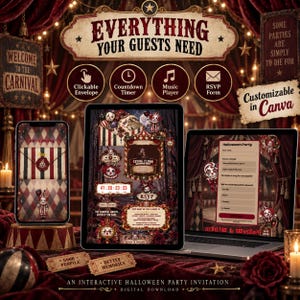 May include: A digital Halloween party invitation template displayed on a smartphone, tablet, and laptop. The design features a dark carnival theme with clown graphics, red curtains, and interactive elements like a countdown timer, music player, and RSVP form.