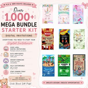 May include: A digital product bundle advertisement titled Over 1,000+ Mega Bundle Starter Kit Digital Invitations. The graphic displays nine varied invitation templates featuring themes like unicorns, mermaids, circus, cars, jungle, pirates, and superheroes.