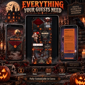 May include: A digital interactive Halloween invitation displayed on a tablet and two smartphones. The design features a dark, gothic theme with a haunted house, pumpkins, and horror characters. Text includes Everything Your Guests Need and RSVP.