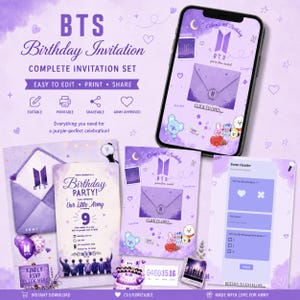May include: A digital BTS birthday invitation set featuring purple watercolor backgrounds, the BTS logo, and BT21 characters. The set includes a smartphone display, printable invitation cards, and an RSVP form with text like Olivia's 9th Birthday.