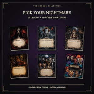May include: Six rectangular composition book covers featuring horror movie themes. Each cover displays a unique dark illustration, a vintage-style label with the text COMPOSITION BOOK, and lines for writing. The collection is titled THE HORROR COLLECTION.