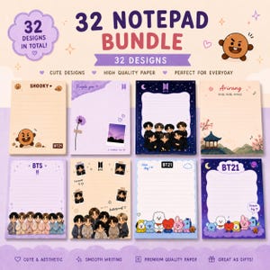 May include: A 32 notepad bundle featuring various designs with BTS and BT21 characters. The collection includes lined and grid paper with illustrations of the band members, colorful cartoon figures, and themed motifs in purple, blue, and cream tones.