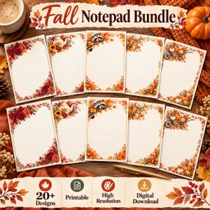 May include: A collection of lined notepads featuring fall-themed illustrations including raccoons, deer, pumpkins, and autumn leaves. The text Fall Notepad Bundle is displayed at the top, with additional icons and text indicating 20+ designs.