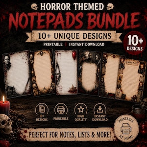 May include: A digital bundle of horror-themed printable notepads featuring 10+ unique designs with dark, macabre illustrations including skulls, clowns, and horror movie characters. The stationery includes lined paper with blood-splattered borders.