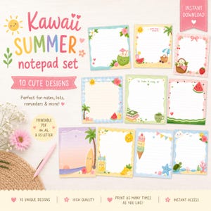 May include: A Kawaii Summer notepad set with 10 cute designs. The set includes printable PDF notepads in A4, A5, and US Letter sizes. Each notepad features a unique summer-themed design with illustrations of a coconut drink, watermelon, and more.
