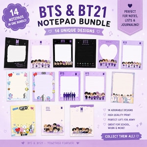 Peut inclure: Un ensemble de 14 blocs-notes avec des designs uniques, intitulé "BTS & BT21 NOTEPAD BUNDLE". Les blocs-notes présentent diverses couleurs et illustrations, y compris des personnages et le logo BTS. Parfait pour les notes, les listes et la tenue d'un journal.