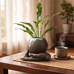 May include: A dark gray ceramic planter with a light blue drip design, cradled by a hand-shaped base, holds a vibrant green plant. A small ceramic cup of coffee sits on a wooden coaster, with steam rising.