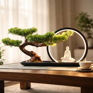 May include: A decorative bonsai tree with green leaves and a curved trunk sits in a black tray. A white Buddha statue is inside a circular light. A white teacup and saucer are on the table.