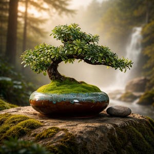 Peut inclure: Un bonsaï aux feuilles vertes luxuriantes et au tronc courbé est présenté dans un pot en céramique marron et bleu. Le pot est posé sur une roche recouverte de mousse, avec une pierre lisse à proximité. Une cascade et une forêt en arrière-plan.