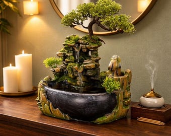 Zen Indoor Water Fountain Tabletop Bonsai Waterfall Feng Shui Decor Relaxation Meditation Gift Garden/Home Decor Calming Ambience