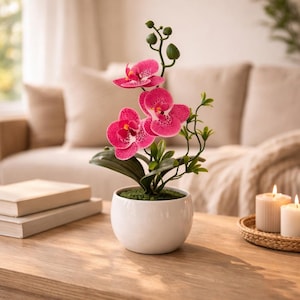 Artificial Orchid Bonsai Plant Decor – Fake Orchid in Ceramic Pot, Mini Orchid Desk Plant, Elegant Home Decor, Indoor Decorative Flower Gift