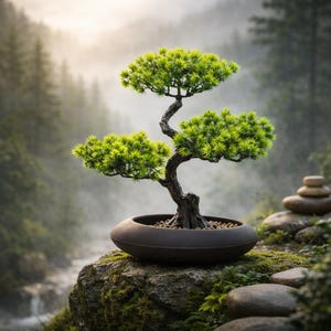Peut inclure: Un bonsaï avec un feuillage vert vif et un tronc sombre et tordu est planté dans un pot ovale brun foncé. L'arbre est posé sur un rocher recouvert de mousse, avec une forêt floue en arrière-plan. La scène évoque la tranquillité.