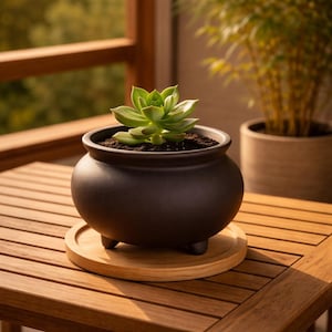 Puede incluir: Una maceta de cerámica marrón oscuro con una planta suculenta, sobre una bandeja redonda de madera. La maceta tiene tres patas pequeñas y está llena de tierra. La suculenta tiene hojas verdes. La maceta está sobre una mesa de madera.