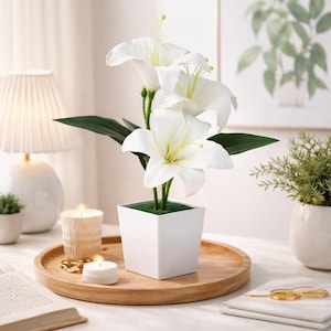 Artificial White Lily Plant in Pot, Fake Flower Decor, Small Fake Plant, Modern Home Office Desk Table Decoration Gift Idea Chic Style