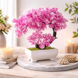 Artificial Pink Cherry Blossom Bonsai Tree in Pot, Sakura Decor, Fake Plant Indoor, Zen Home Decor, Perfect Gift Idea, Desk Table Decor Art