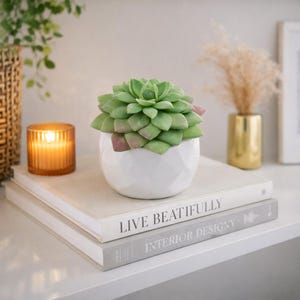 Könnte beinhalten: Ein weißer, geometrischer Pflanztopf mit einer grünen Sukkulentenpflanze steht auf zwei Büchern. Auf dem oberen Buch steht "LIVE BEAUTIFULLY". Eine brennende orangefarbene Kerze und eine goldene Vase mit getrockneten Blumen sind ebenfalls zu sehen.