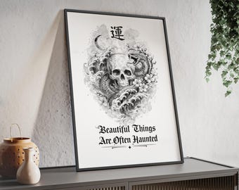 Gothic Skull Snake Wall Art Framed  Dark Tattoo Style Poster, Beautiful Things Are Often Haunted, Japanese Kanji Art, Vintage