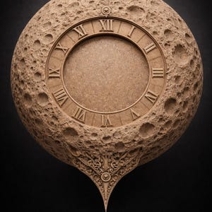 Könnte beinhalten: Eine einzigartige, runde Uhr mit einer strukturierten, mondähnlichen Oberfläche. Römische Ziffern markieren die Stunden auf dem Zifferblatt. Die Uhr hat einen dekorativen, spitz zulaufenden Boden mit aufwendigen Schnitzereien. Die Farbe ist hellbraun.