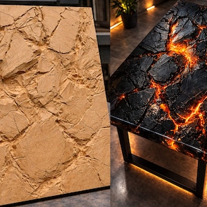 Op de afbeelding: Twee tafels. Eén is een lichtbruin, getextureerd, rechthoekig houten paneel met een rotsachtig uiterlijk. De andere is een zwarte tafel met een glanzend oppervlak en een lava-achtig ontwerp in oranje en geel. De tafel heeft een zwart metalen frame.