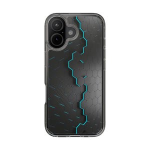 May include: Transparent phone case featuring a black textured design and a teal geometric pattern. The case has a dual-lens camera cutout and a clear bumper for protection.