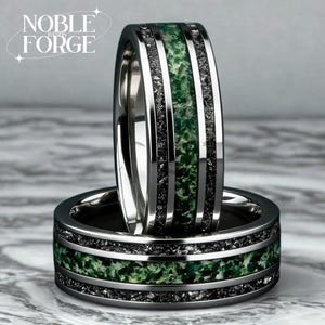 Moss Agate & Meteorite Silver Tungsten Wedding Ring 8mm Promise Bands Personalized Ring Comfort Fit
