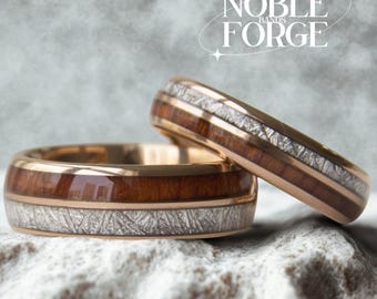 Meteorit & Holz Rose Gold Passende Ringe Wolfram Paare Ring Set 8 mm 6 mm Bands