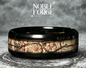 Fishing Hook & Antler Inlay Black Tungsten Wedding Ring Promise Bands Personalized 8mm