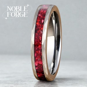 Hammered Ruby Band Matching Rings Set Tungsten Silver Couples Ring Set Personalized Bands