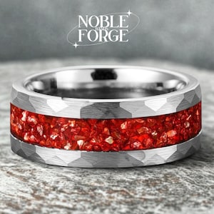 Hammered Ruby Band Matching Rings Set Tungsten Silver Couples Ring Set Personalized Bands