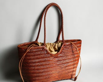 Woven Leather Tote Bag, Handmade Braided Handbag, Large Everyday Purse, Minimalist Luxury Gift for Her