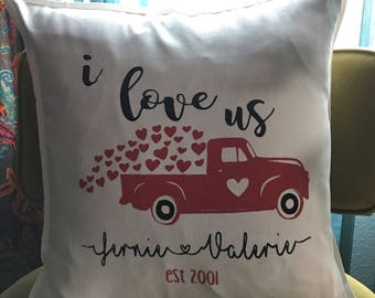 Personalized Red Truck Love Wedding Anniversary Valentine I love us Pillow Cover