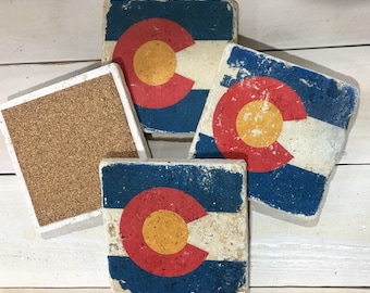 Conjunto de 4 Colorado Flag Natural Stone Tile Coasters Hecho a mano